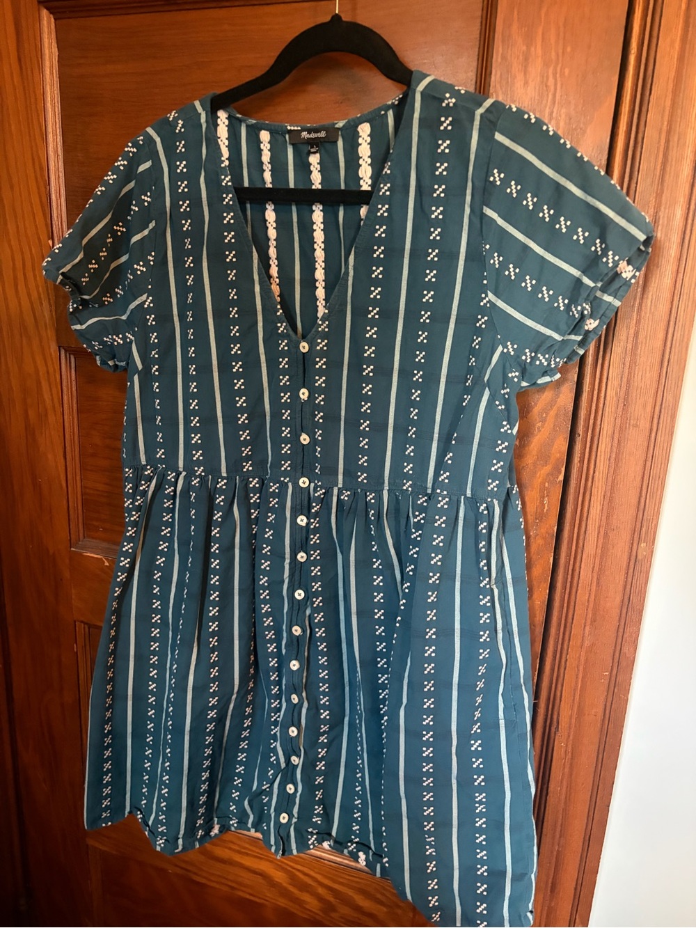 Madewell Casual Teal Striped Button-Front Women’s Dress